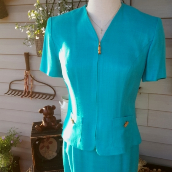 MAGGY LONDON PETITES ♡ Gorgeous Vintage Turquoise 2pc Bamboo Zip Front Suit 2P - Picture 3 of 16